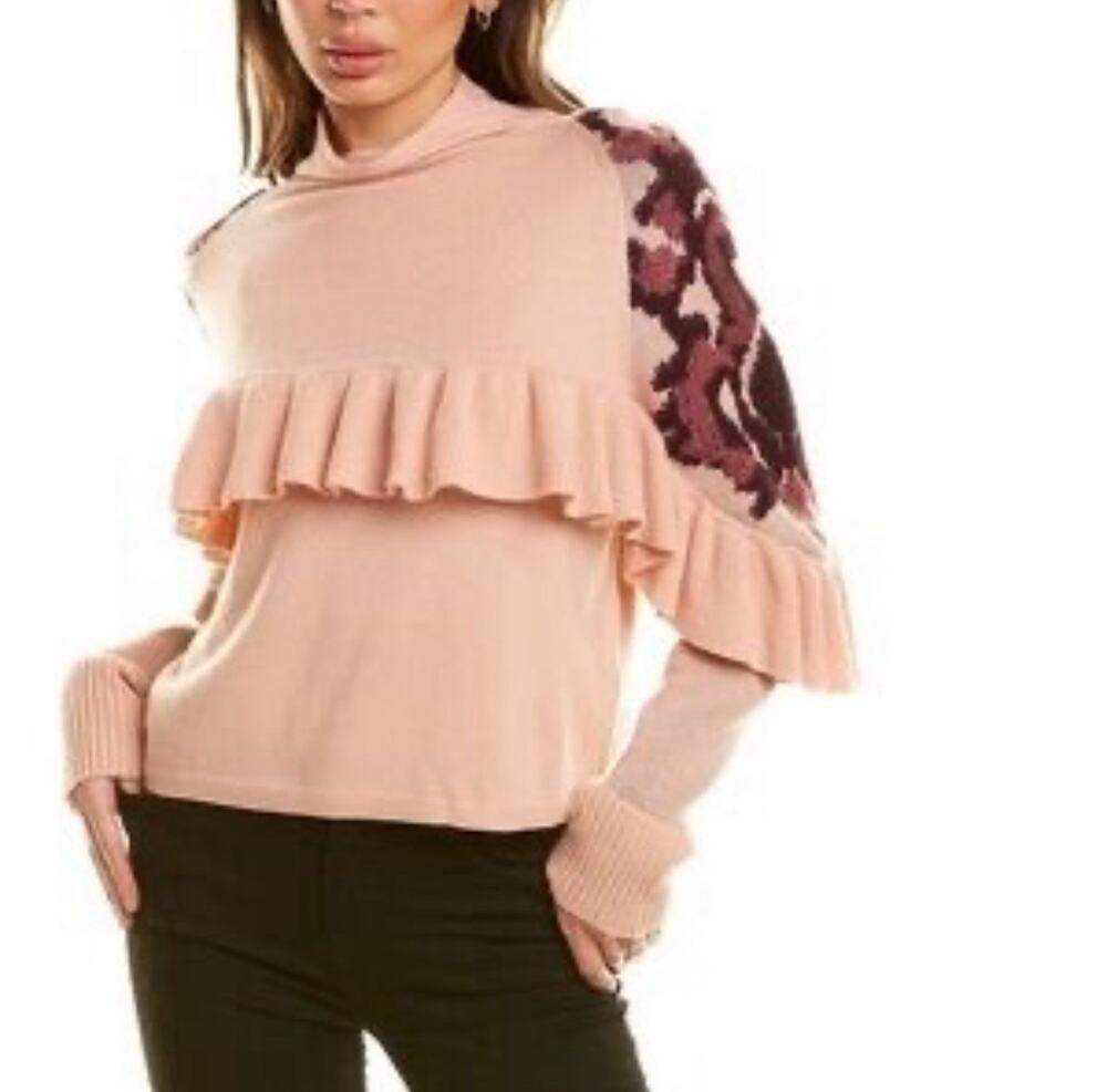 Naadam Sweater Ruffle Pink Floral Pink Mockneck Cashmere Wool Medium